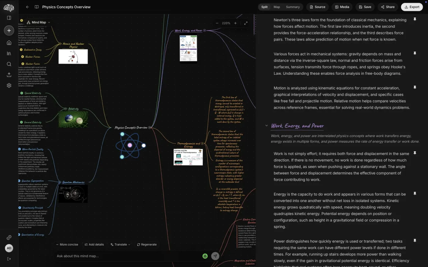 The Memorly app: a physics mind map on the left, its linked summary on the right